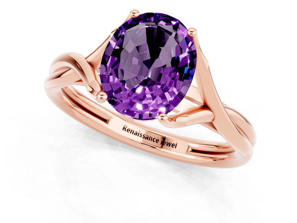Rose gold Oval Cut Amethyst Solitaire Twist Band Prong Setting Ring