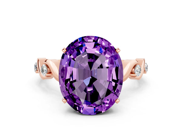 Rose gold Oval Cut Amethyst Solitaire Twisted Band with Round  Accents and Prong Setting