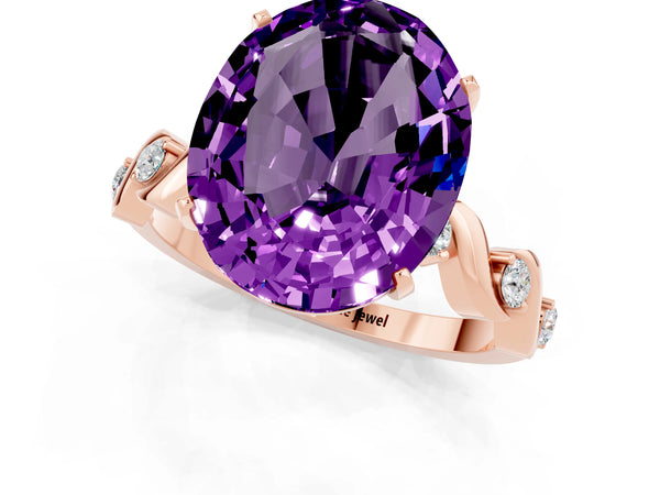 Rose gold Oval Cut Amethyst Solitaire Twisted Band with Round  Accents and Prong Setting