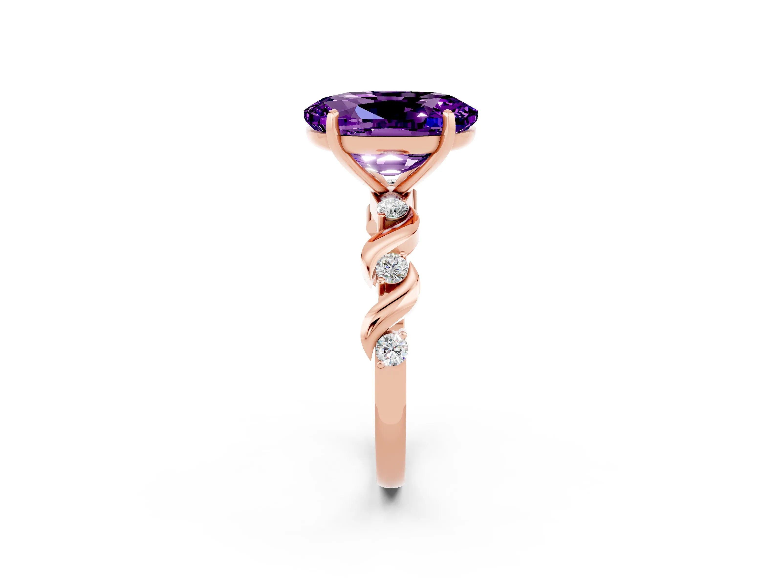 Rose gold Oval Cut Amethyst Solitaire Twisted Band with Round  Accents and Prong Setting_14