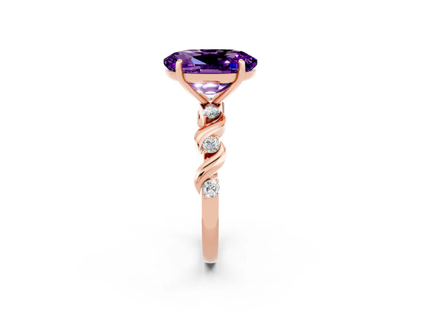 Rose gold Oval Cut Amethyst Solitaire Twisted Band with Round  Accents and Prong Setting