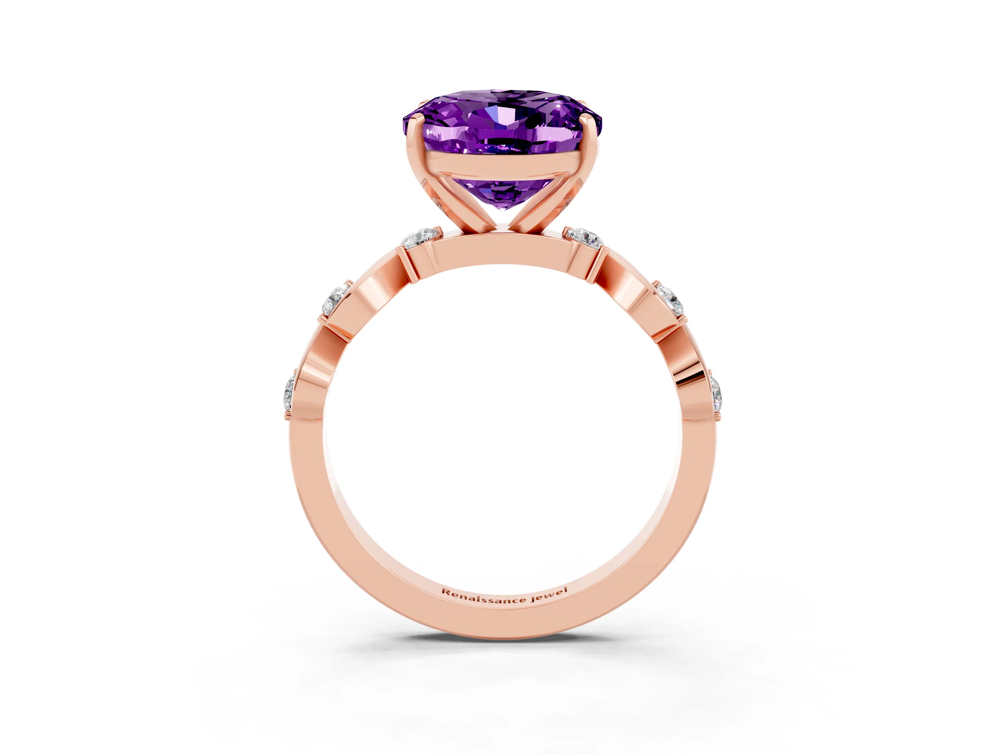 Rose gold Oval Cut Amethyst Solitaire Twisted Band with Round  Accents and Prong Setting_15