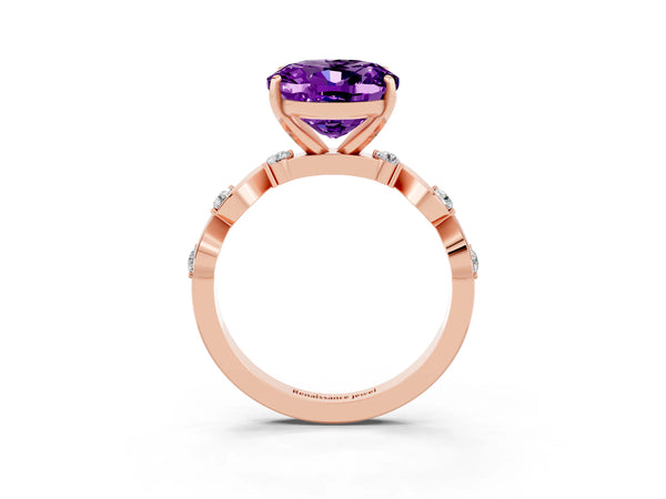 Rose gold Oval Cut Amethyst Solitaire Twisted Band with Round  Accents and Prong Setting