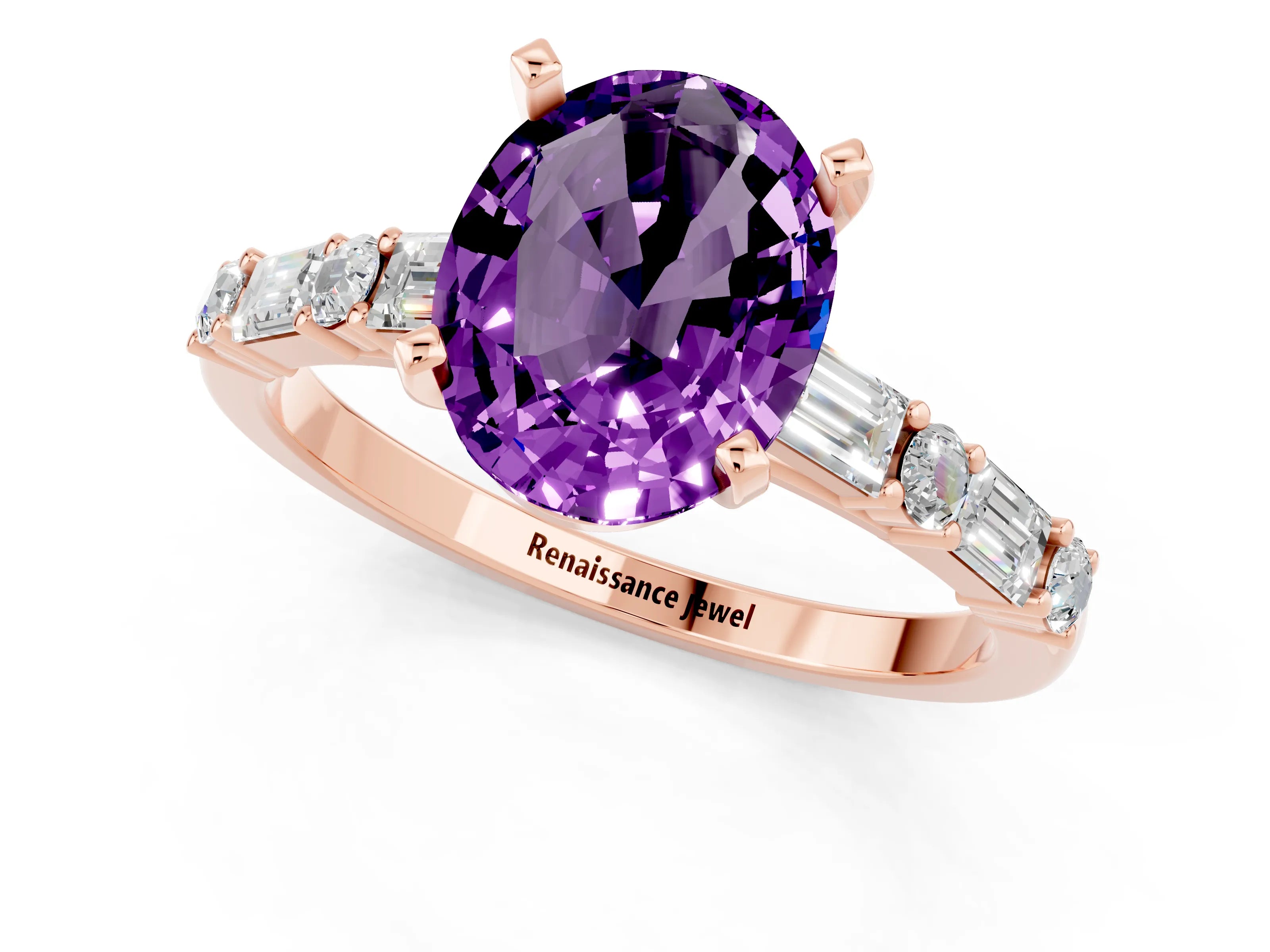 Rose gold Oval Cut Amethyst Solitaire with Side Baguettes and Channel Set Band_1