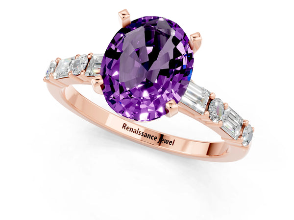 Rose gold Oval Cut Amethyst Solitaire with Side Baguettes and Channel Set Band
