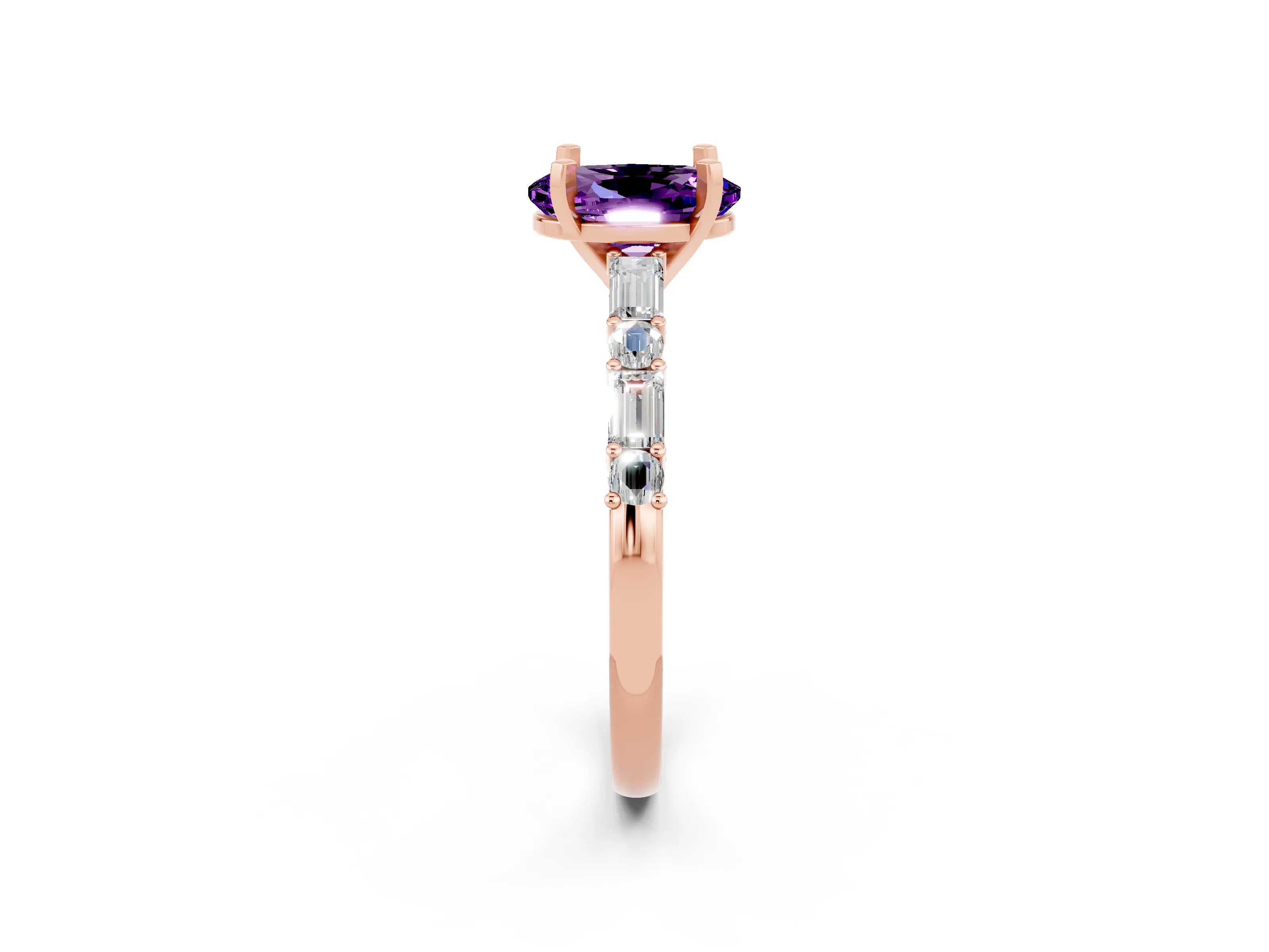 Rose gold Oval Cut Amethyst Solitaire with Side Baguettes and Channel Set Band_2