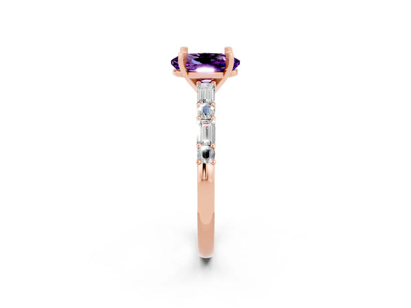 Rose gold Oval Cut Amethyst Solitaire with Side Baguettes and Channel Set Band