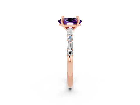 Rose gold Oval Cut Amethyst Solitaire with Side Baguettes and Channel Set Band_2