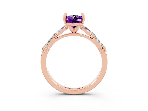 Rose gold Oval Cut Amethyst Solitaire with Side Baguettes and Channel Set Band