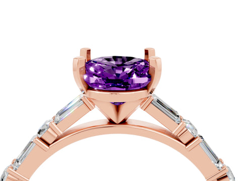Rose gold Oval Cut Amethyst Solitaire with Side Baguettes and Channel Set Band_4