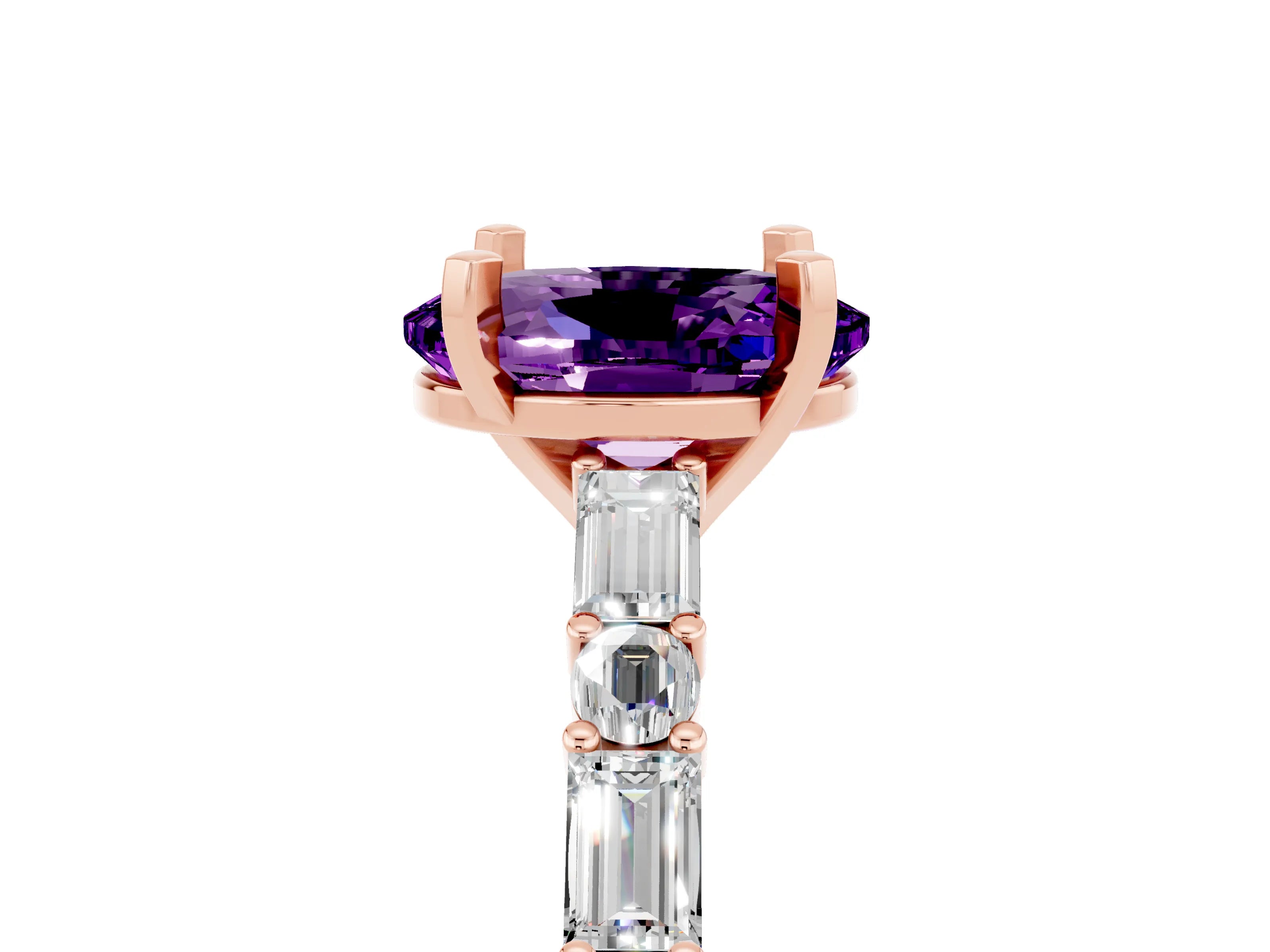 Rose gold Oval Cut Amethyst Solitaire with Side Baguettes and Channel Set Band_5