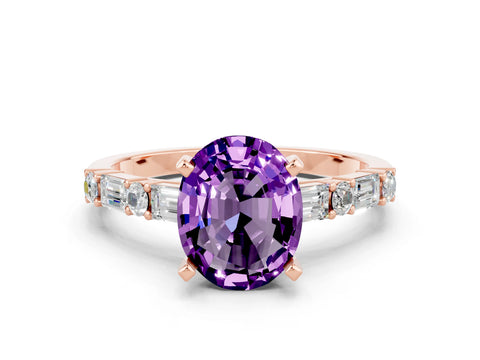 Rose gold Oval Cut Amethyst Solitaire with Side Baguettes and Channel Set Band