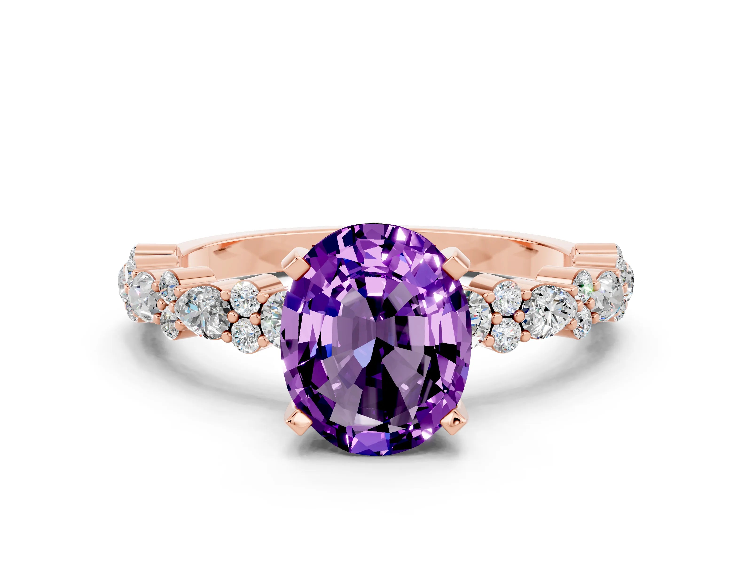 Rose gold Oval Cut Amethyst Solitaire with Side Stones, Pave Band, Four-Prong Setting_36