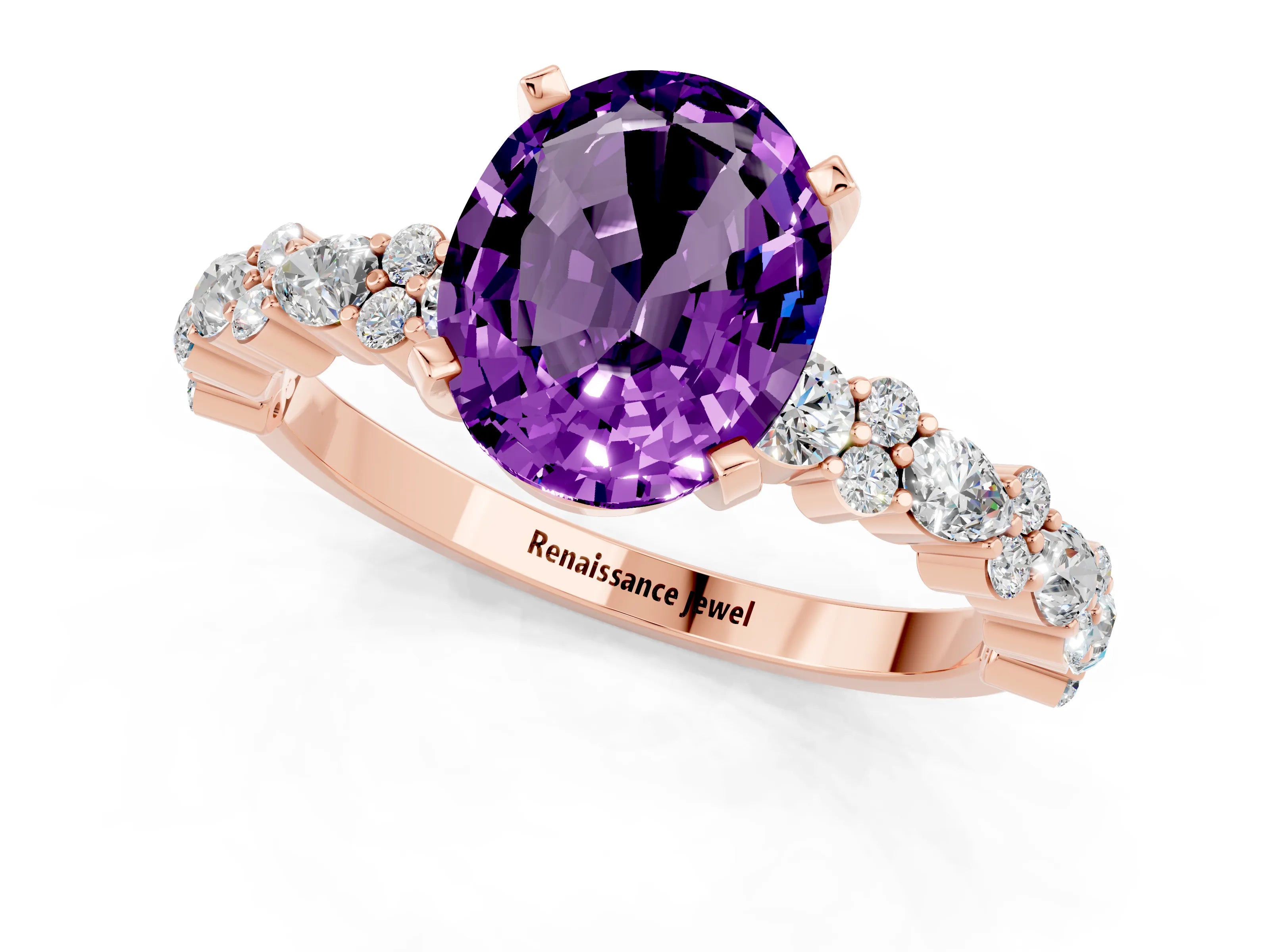 Rose gold Oval Cut Amethyst Solitaire with Side Stones, Pave Band, Four-Prong Setting_37