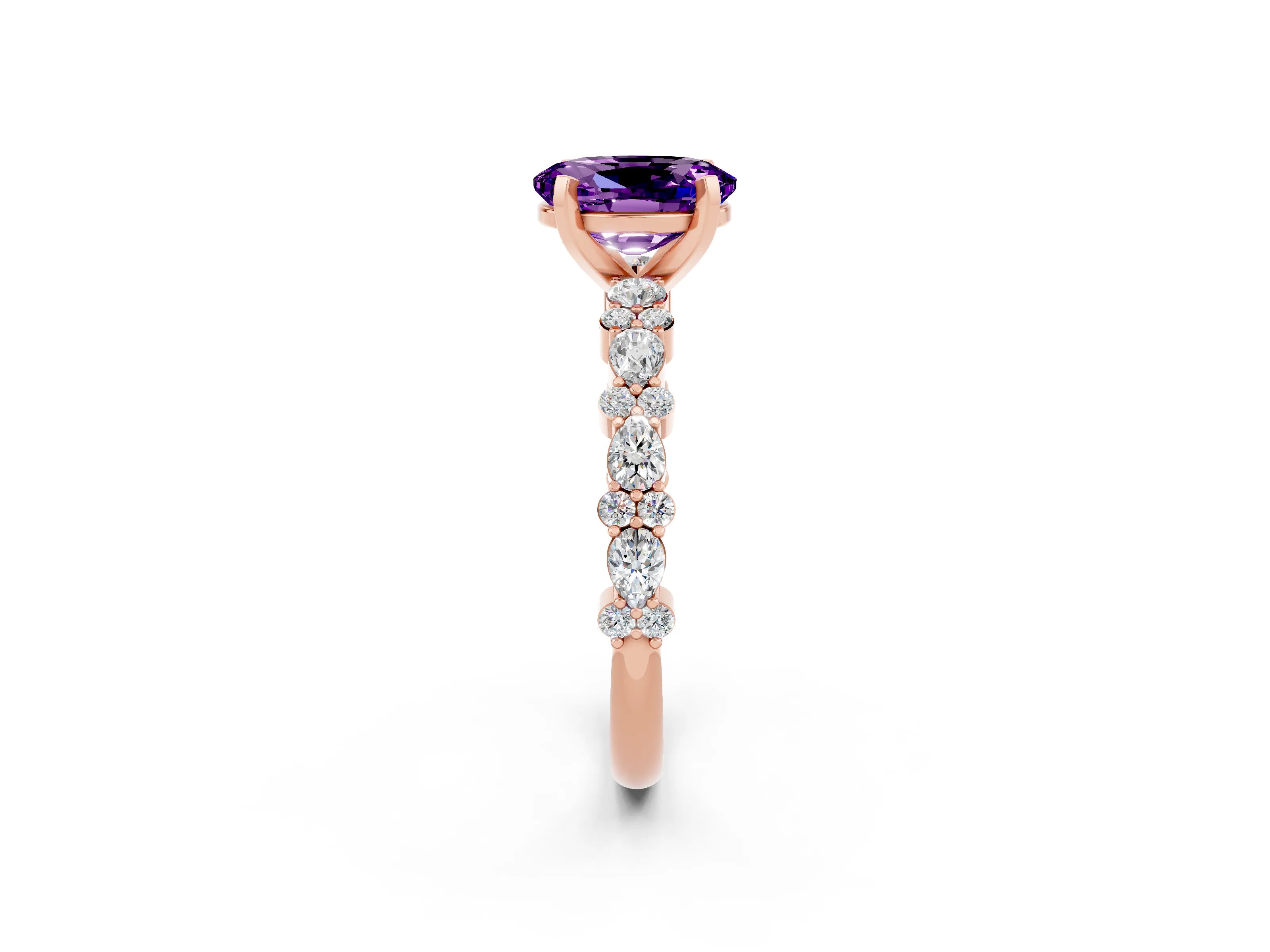 Rose gold Oval Cut Amethyst Solitaire with Side Stones, Pave Band, Four-Prong Setting_38