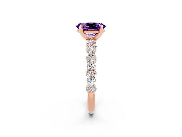 Rose gold Oval Cut Amethyst Side Stone Solitaire Ring with Round  and Four-Prong Setting