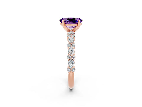Rose gold Oval Cut Amethyst Solitaire with Side Stones, Pave Band, Four-Prong Setting_38