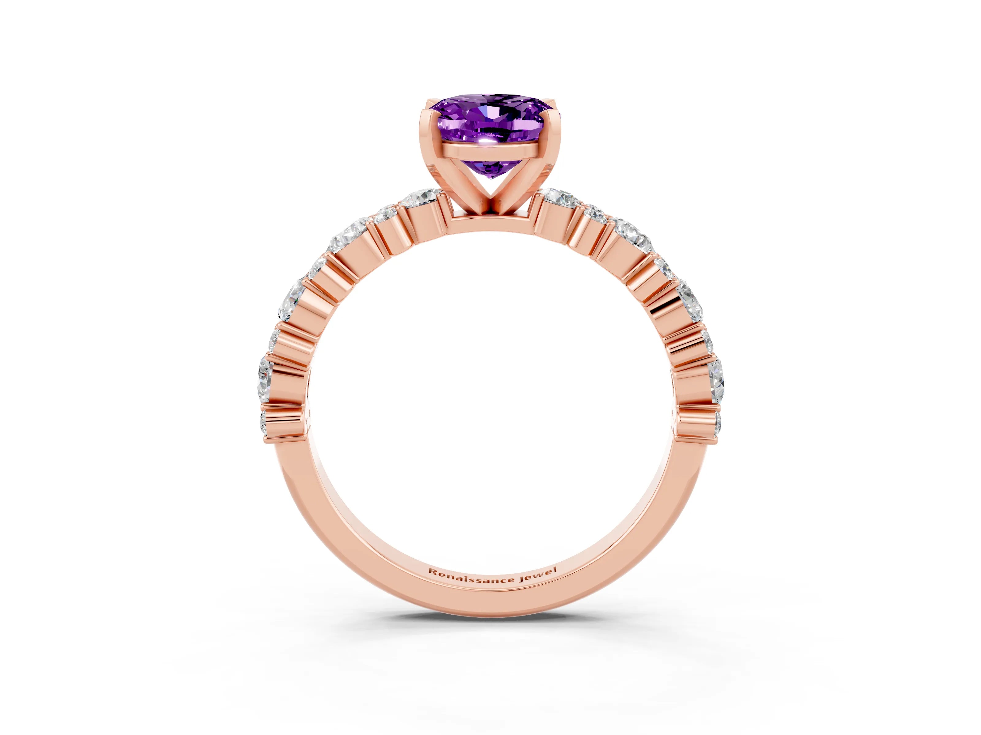 Rose gold Oval Cut Amethyst Solitaire with Side Stones, Pave Band, Four-Prong Setting_39