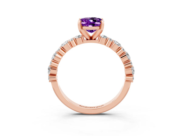 Rose gold Oval Cut Amethyst Side Stone Solitaire Ring with Round  and Four-Prong Setting