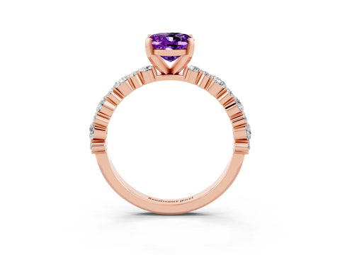 Rose gold Oval Cut Amethyst Solitaire with Side Stones, Pave Band, Four-Prong Setting_39