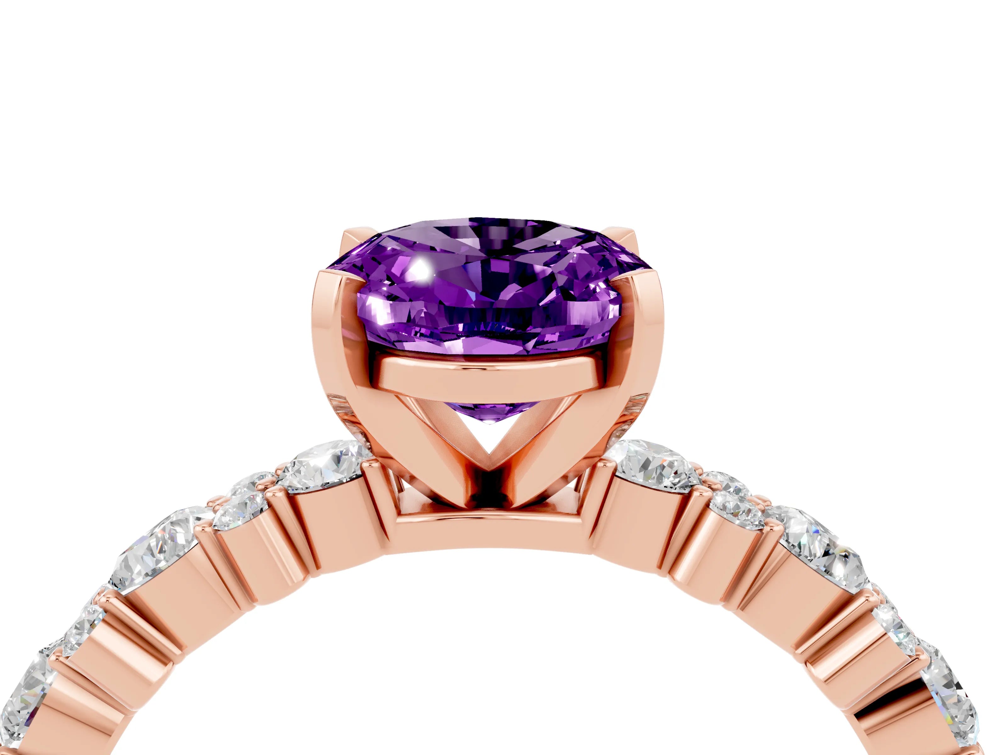 Rose gold Oval Cut Amethyst Solitaire with Side Stones, Pave Band, Four-Prong Setting_40