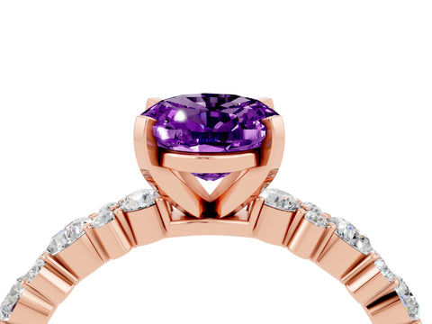 Rose gold Oval Cut Amethyst Solitaire with Side Stones, Pave Band, Four-Prong Setting_40