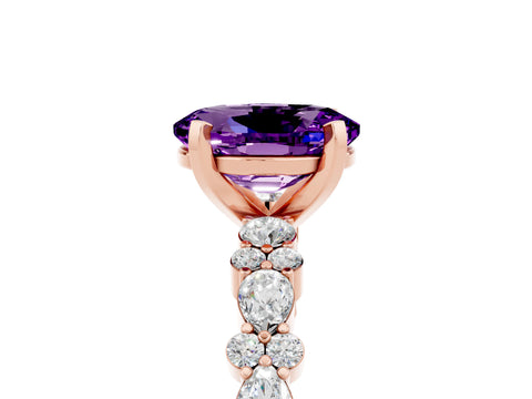 Rose gold Oval Cut Amethyst Solitaire with Side Stones, Pave Band, Four-Prong Setting_41