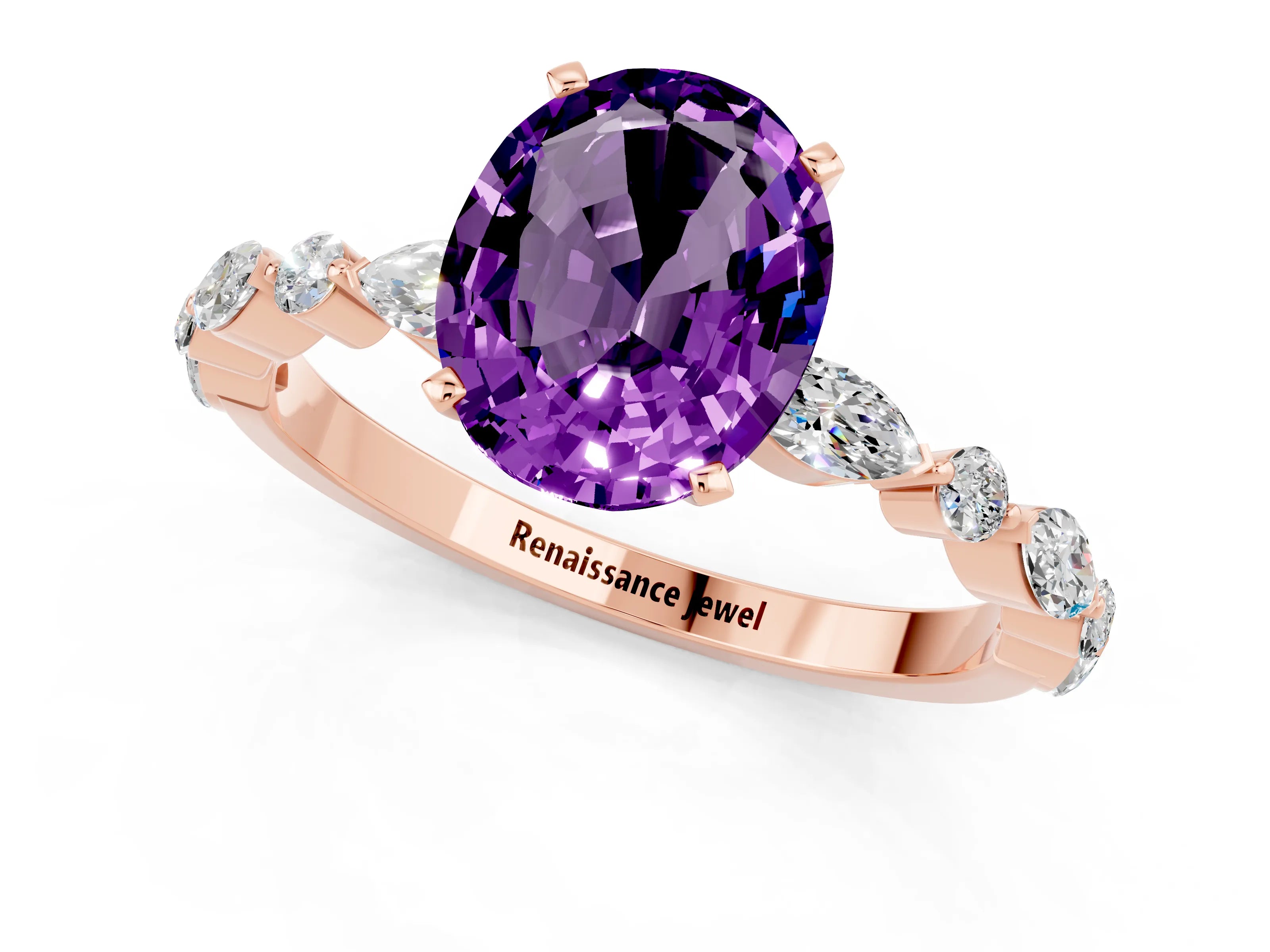Rose gold Oval Cut Amethyst Solitaire with Side Stones on a Pavé Band and Four-Prong Setting_1