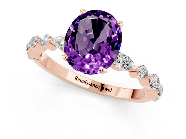 Rose gold Oval Cut Amethyst Ring with Marquise and Round  Side Stones and Four-Prong Setting