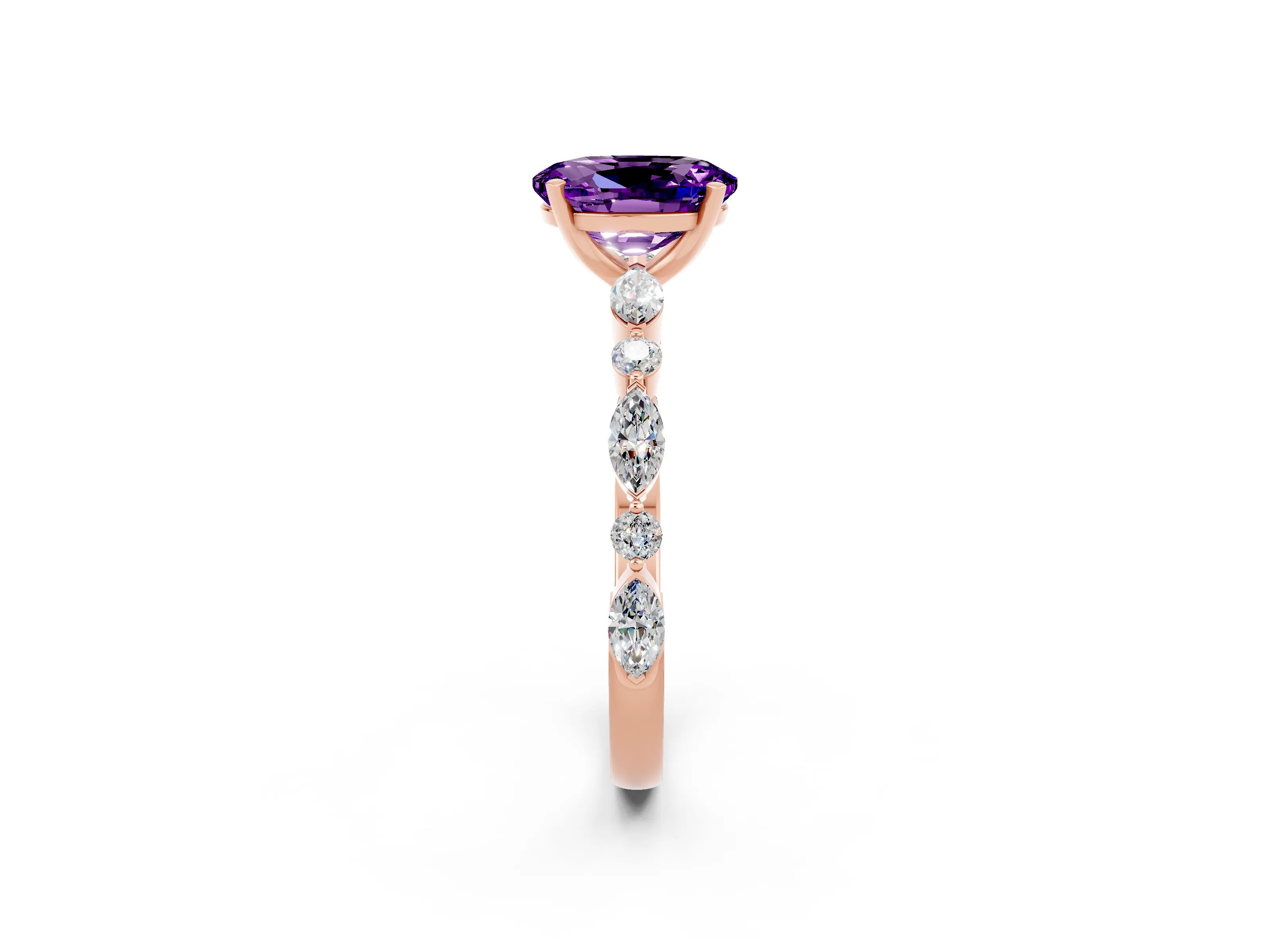 Rose gold Oval Cut Amethyst Solitaire with Side Stones on a Pavé Band and Four-Prong Setting_2