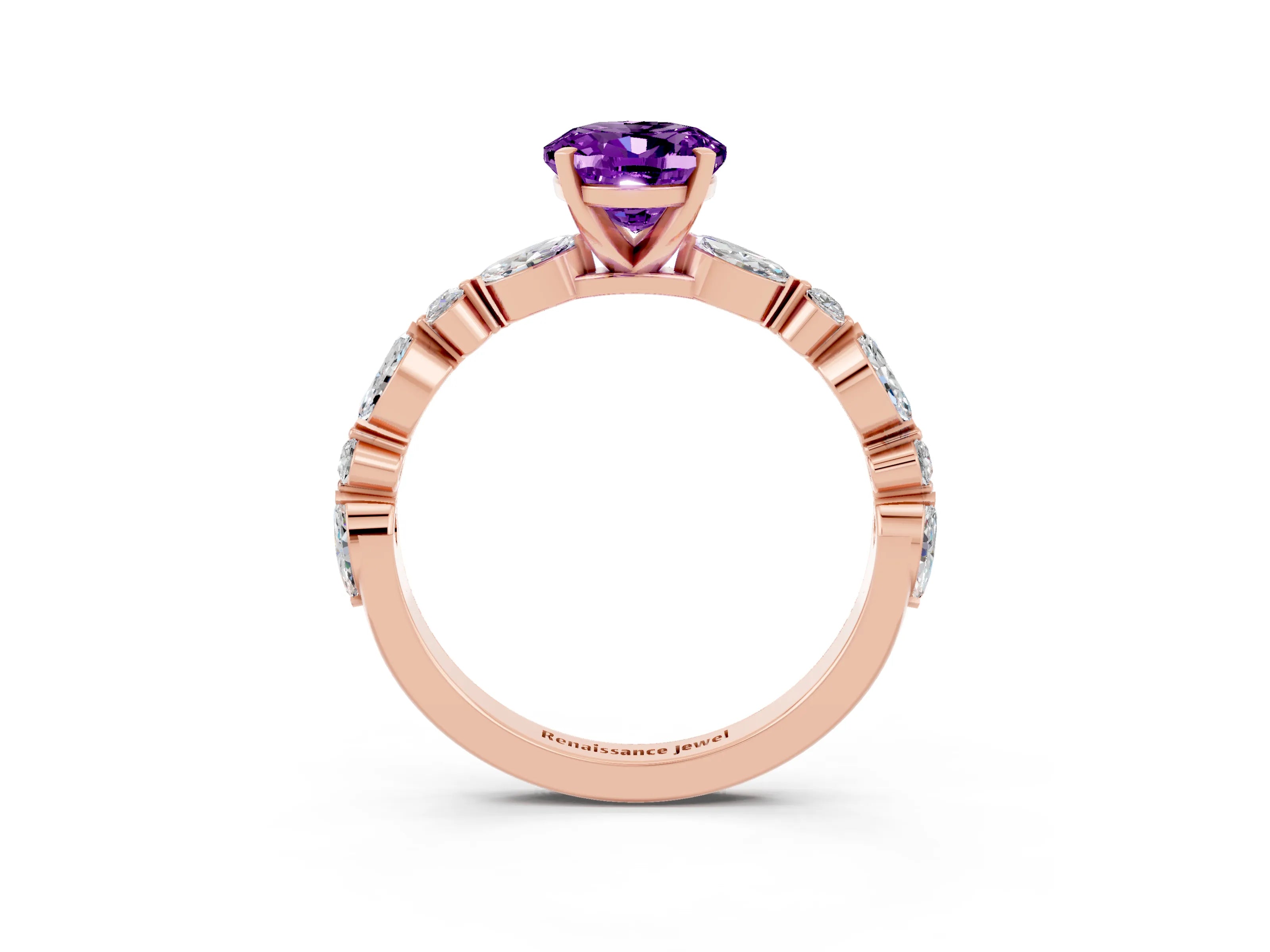 Rose gold Oval Cut Amethyst Solitaire with Side Stones on a Pavé Band and Four-Prong Setting_3