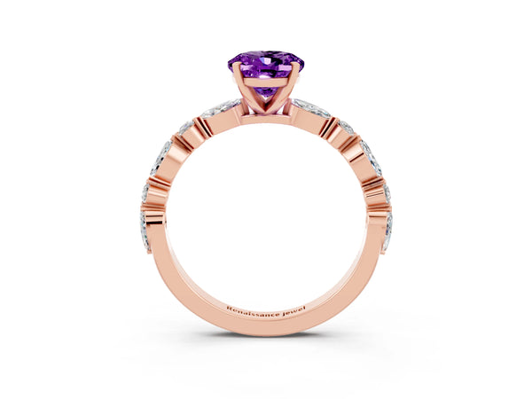 Rose gold Oval Cut Amethyst Ring with Marquise and Round  Side Stones and Four-Prong Setting