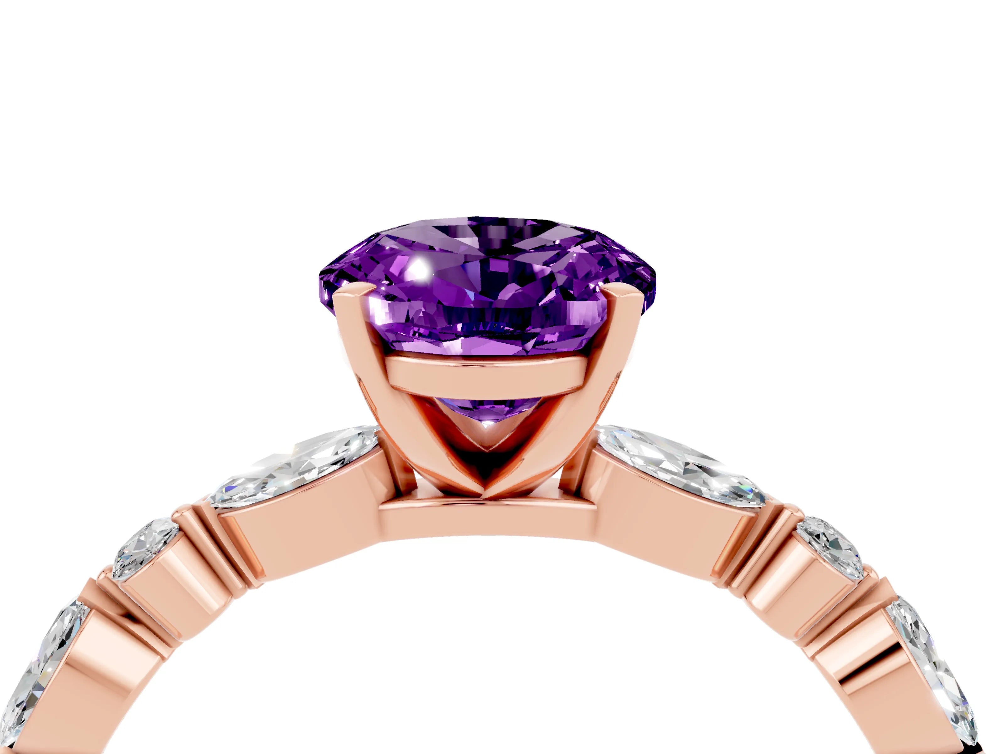 Rose gold Oval Cut Amethyst Solitaire with Side Stones on a Pavé Band and Four-Prong Setting_4