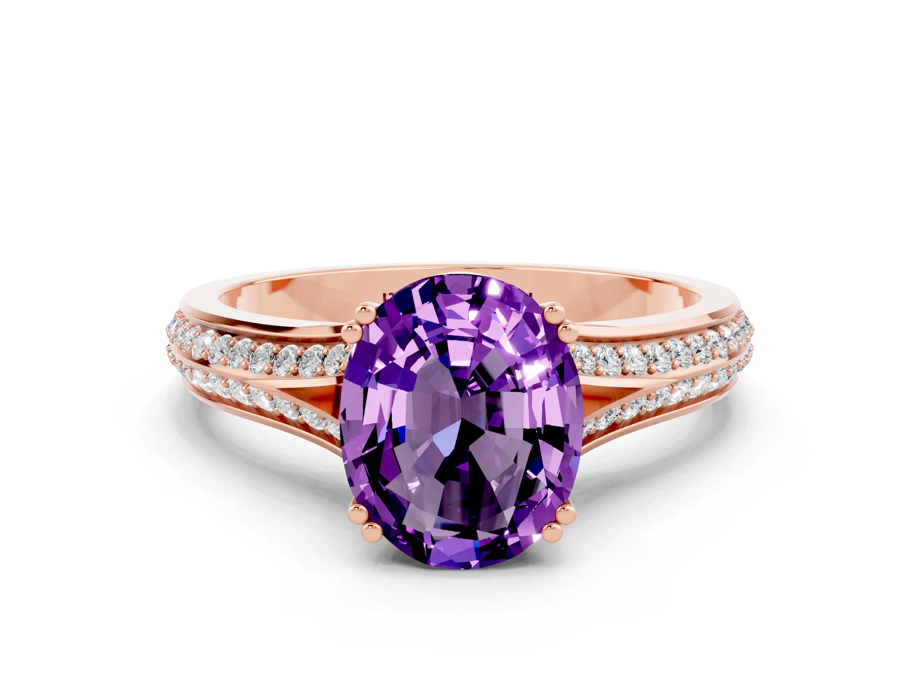 Rose gold Oval Cut Amethyst Split Shank Engagement Ring with Pavé Band