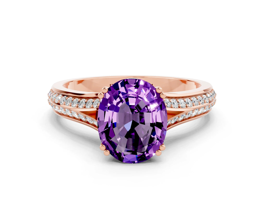 Rose gold Oval Cut Amethyst Split Shank Engagement Ring with Pavé Band