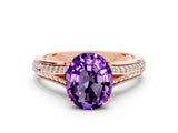 Rose gold Oval Cut Amethyst Split Shank Engagement Ring with Pavé Band