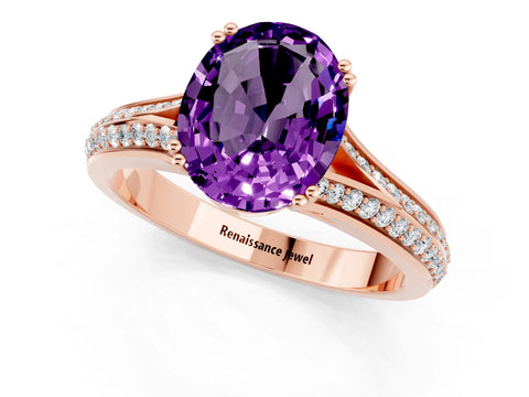 Rose gold Oval Cut Amethyst Split Shank Engagement Ring with Pavé Band_1