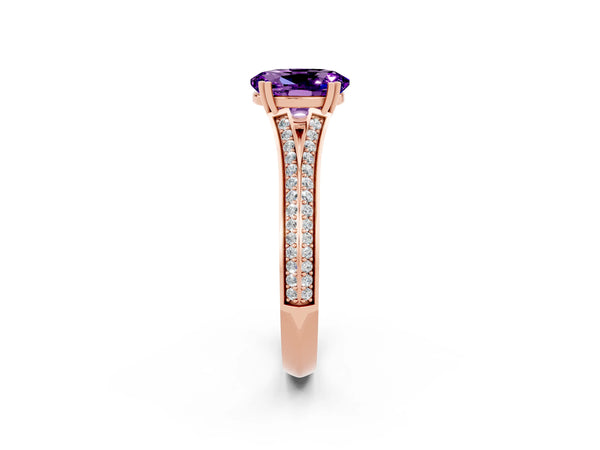 Rose gold Oval Cut Amethyst Split Shank Engagement Ring with Pavé Band