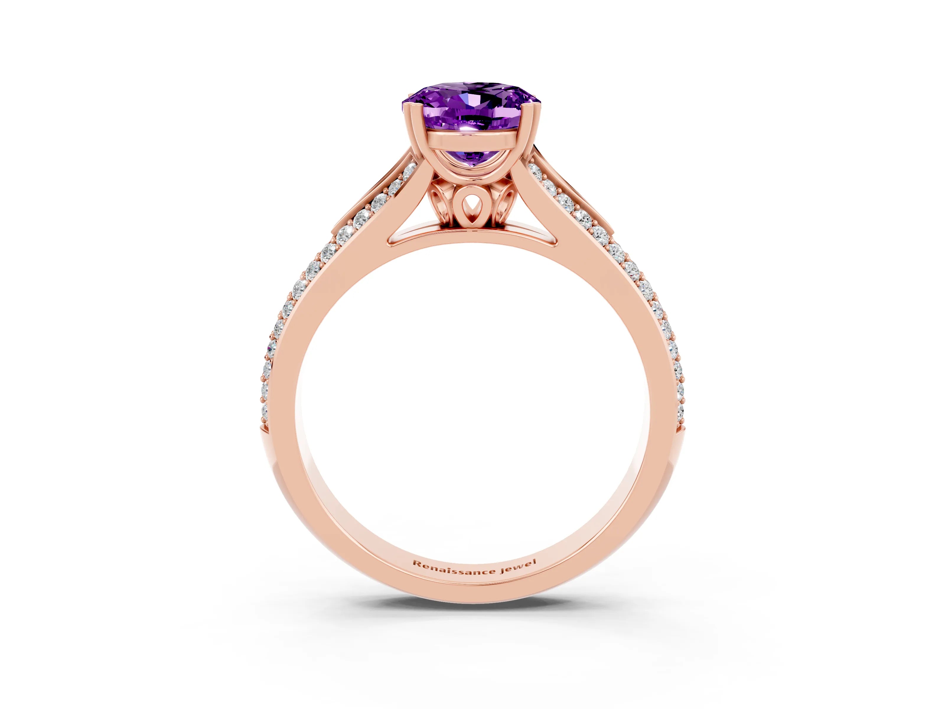 Rose gold Oval Cut Amethyst Split Shank Engagement Ring with Pavé Band_3