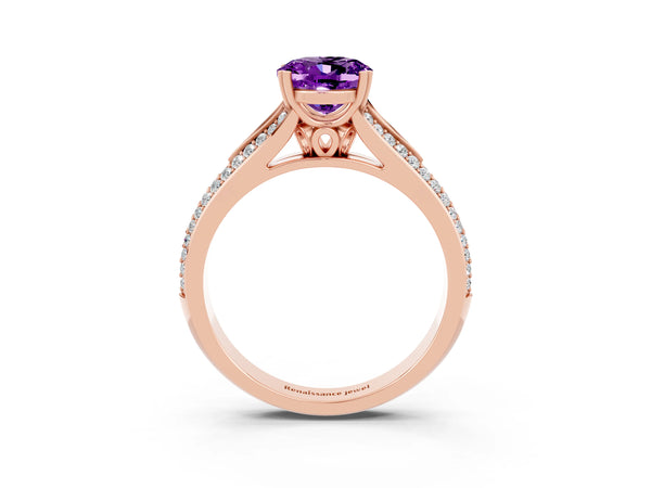 Rose gold Oval Cut Amethyst Split Shank Engagement Ring with Pavé Band