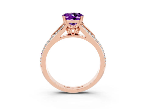 Rose gold Oval Cut Amethyst Split Shank Engagement Ring with Pavé Band_3