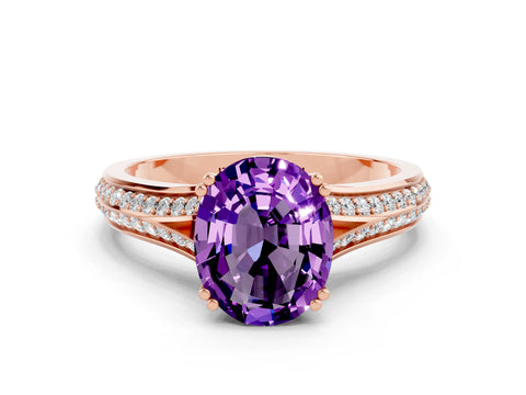 Rose gold Oval Cut Amethyst Split Shank Engagement Ring with Pavé Band