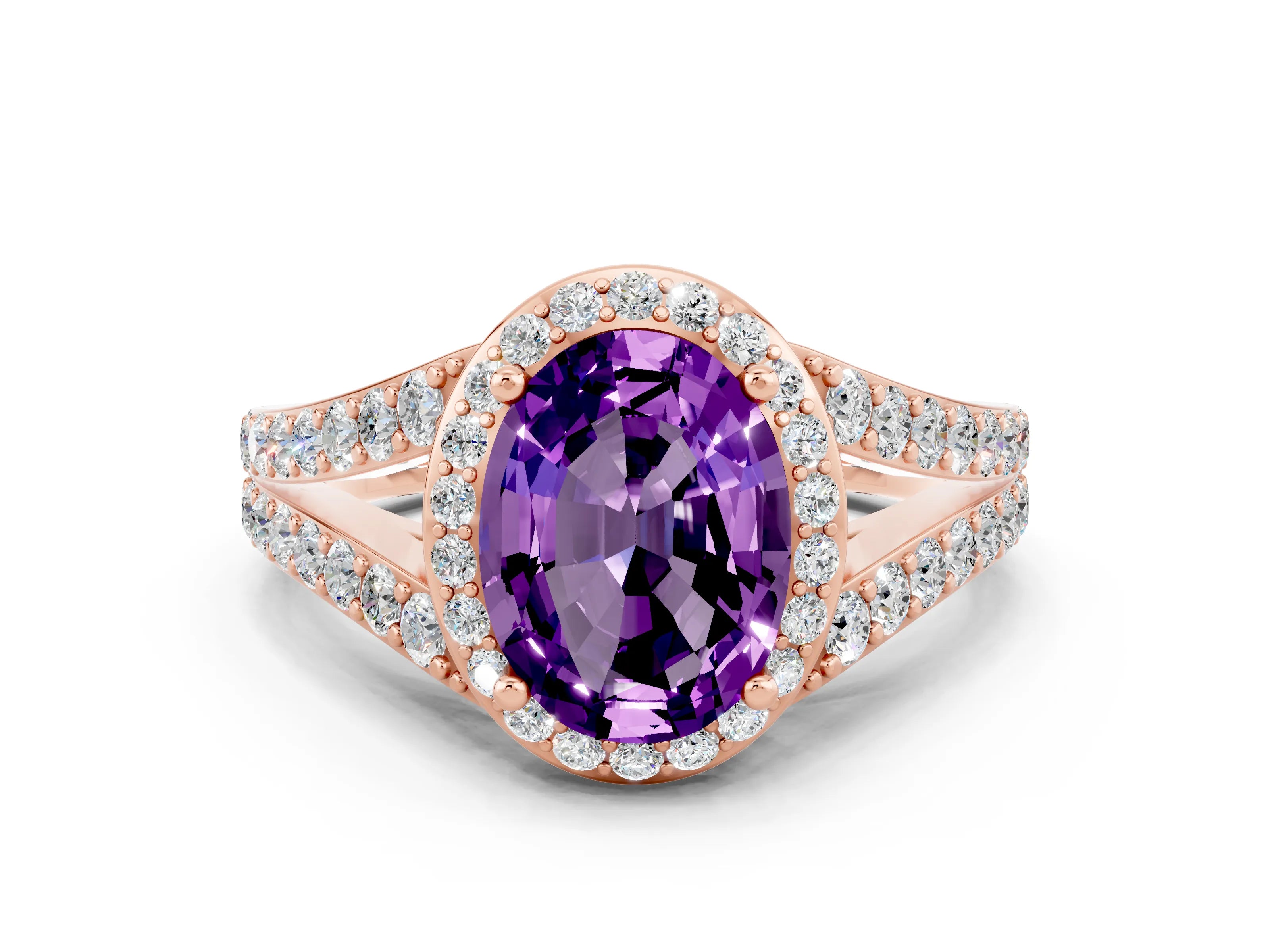 Rose gold Oval Cut Amethyst Split Shank Halo Ring with Four-Prong Setting_12