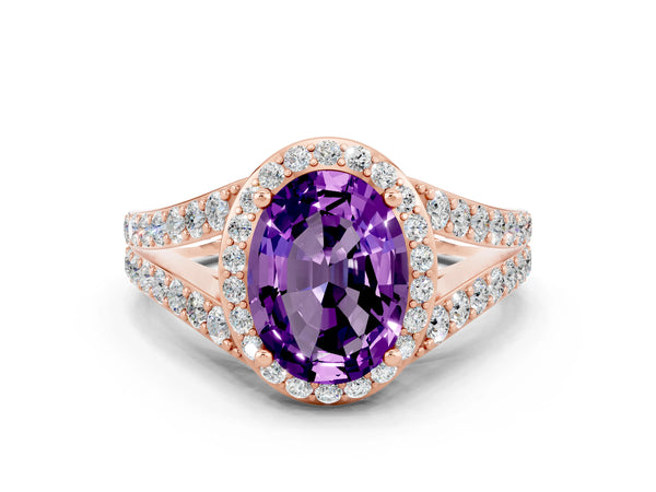 Rose gold Oval Cut Amethyst Split Shank Halo Ring with Four-Prong Setting