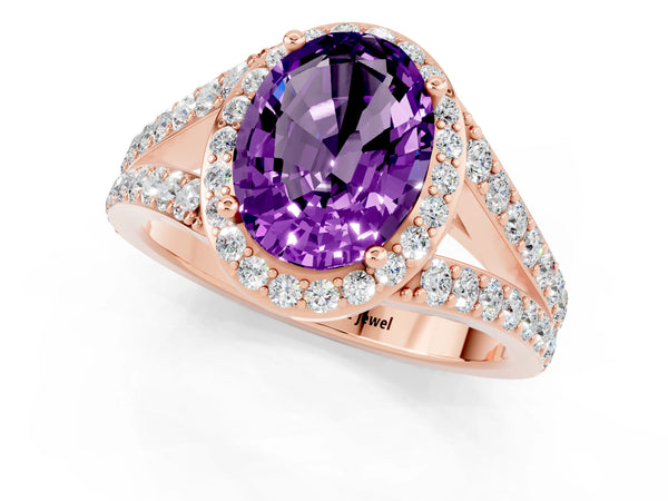 Rose gold Oval Cut Amethyst Split Shank Halo Ring with Four-Prong Setting