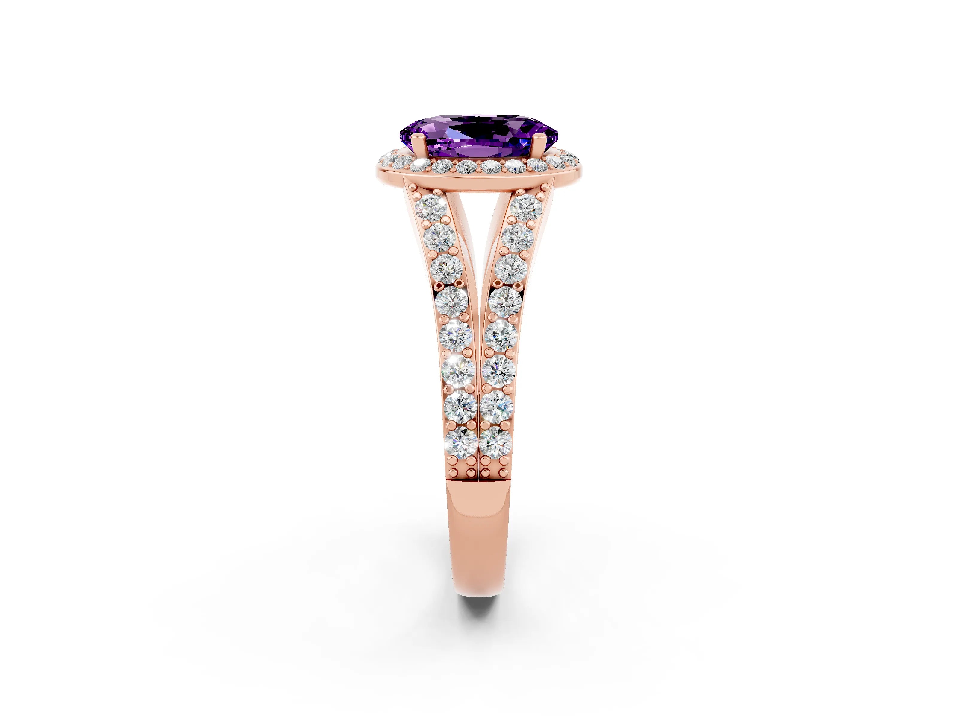 Rose gold Oval Cut Amethyst Split Shank Halo Ring with Four-Prong Setting_14