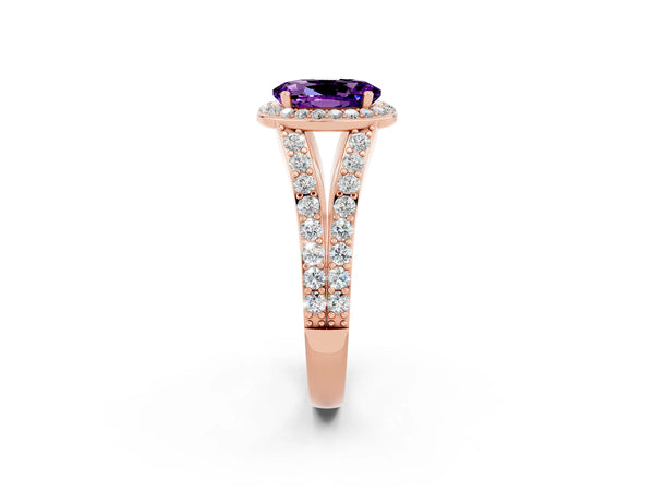 Rose gold Oval Cut Amethyst Split Shank Halo Ring with Four-Prong Setting