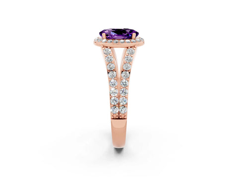 Rose gold Oval Cut Amethyst Split Shank Halo Ring with Four-Prong Setting_14