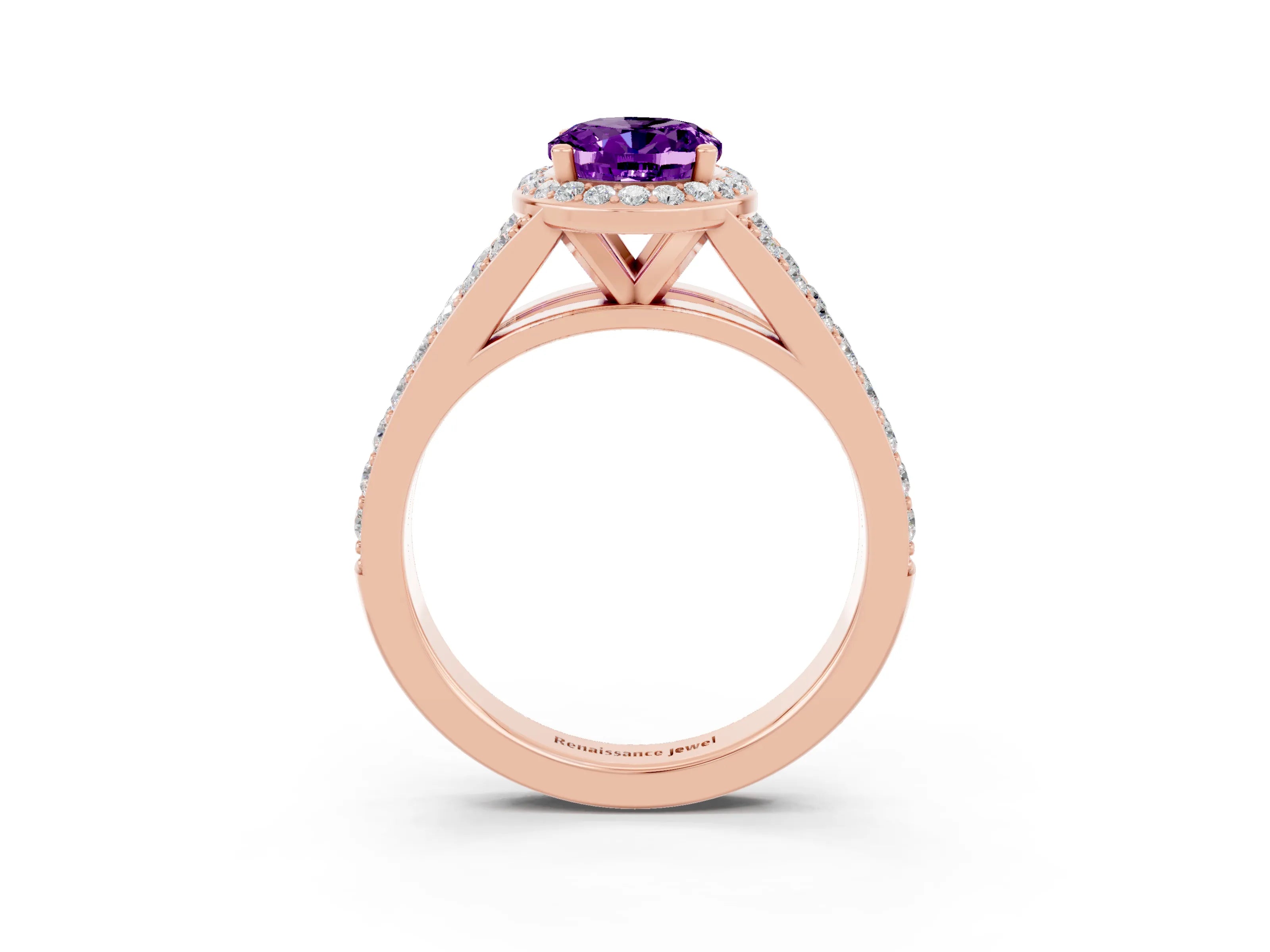 Rose gold Oval Cut Amethyst Split Shank Halo Ring with Four-Prong Setting_15
