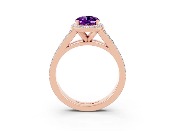 Rose gold Oval Cut Amethyst Split Shank Halo Ring with Four-Prong Setting